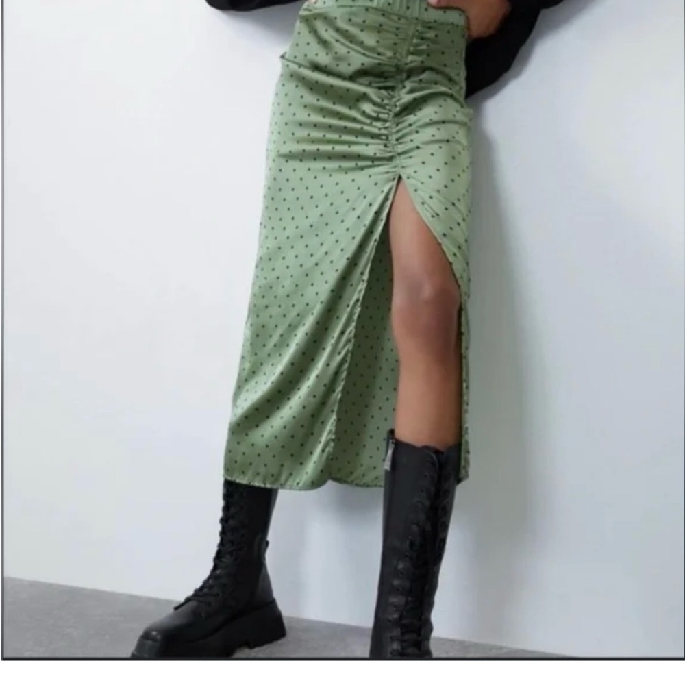 Zara Olive Polka Dot Midi Skirt